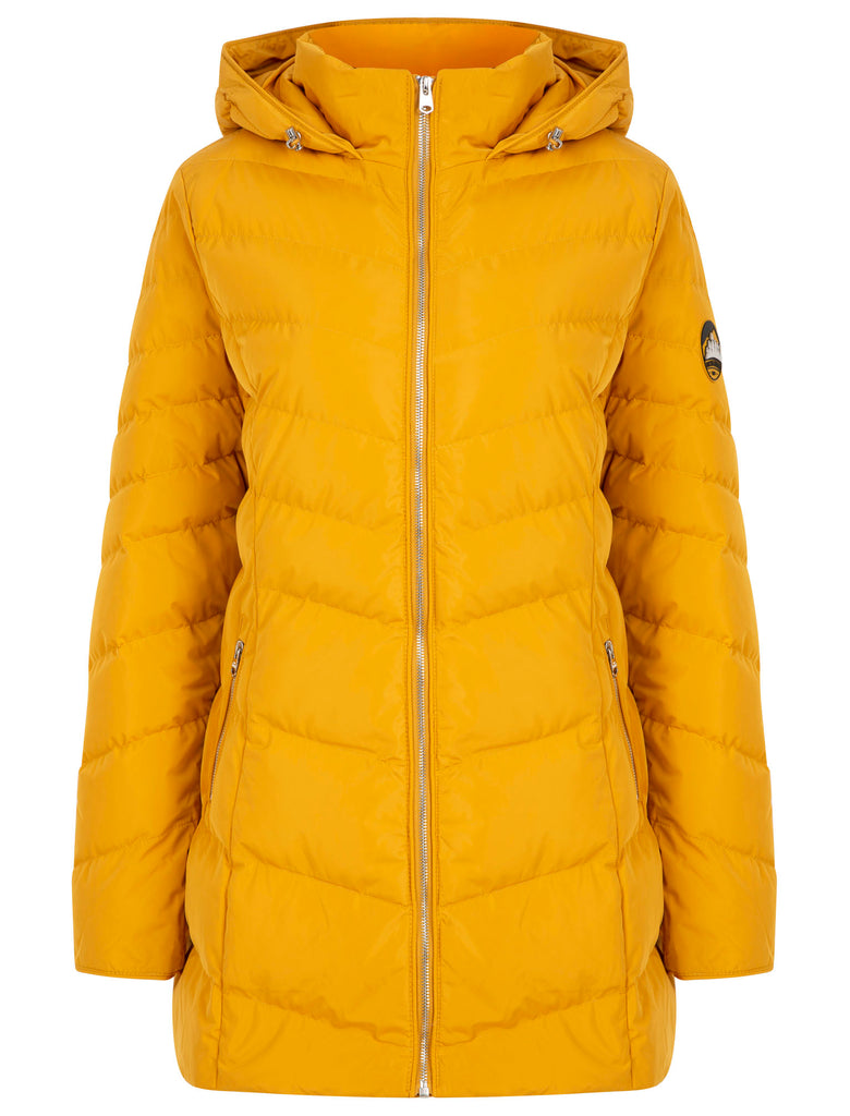 Safflower 2 Longline Quilted Puffer Coat with Hood In Old Gold - Tokyo ...