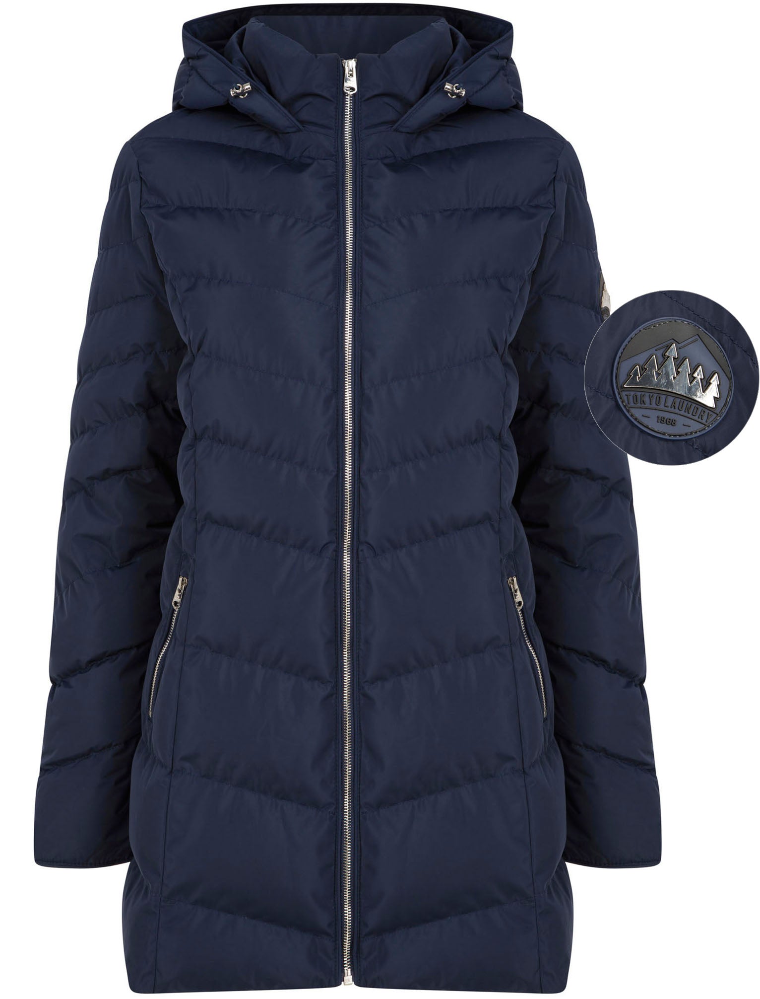 Safflower 2 Longline Quilted Puffer Coat with Hood In Peacoat Tokyo Tokyo Laundry