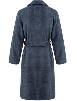 Sandhurst Textured Soft Fleece Dressing Gown with Tie Waist in Navy & Grey - Tokyo Laundry