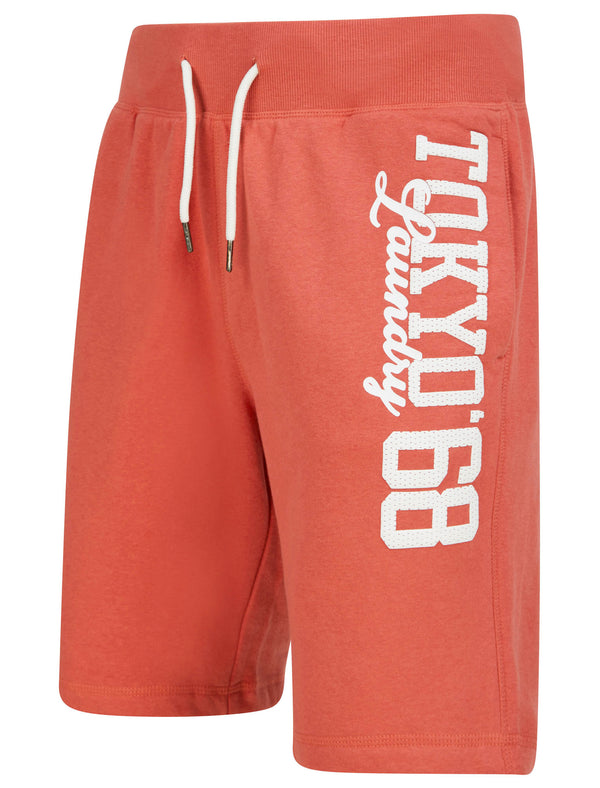 Script Motif Brushback Fleece Jogger Shorts in Faded Peach -Tokyo Laundry