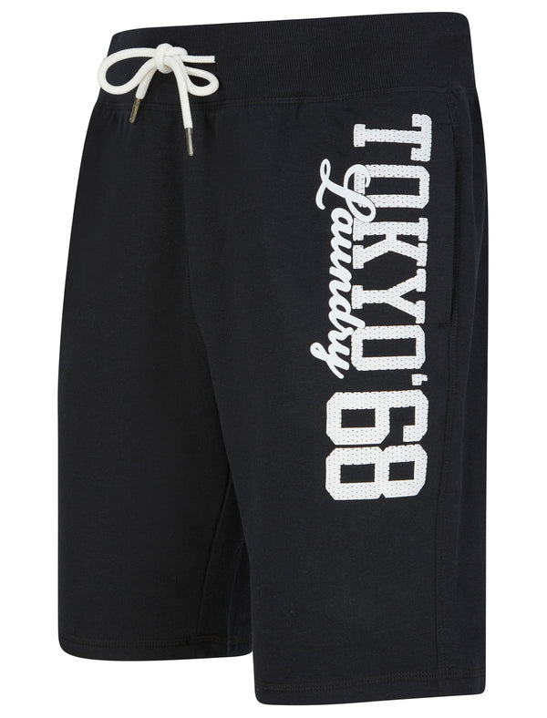 Script Motif Brushback Fleece Jogger Shorts in Pirate Black -Tokyo Laundry
