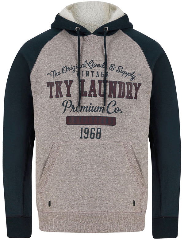 Scripture Motif Raglan Sleeve Pullover Hoodie with Borg Lined Hood in Sky Captain Navy - Tokyo Laundry