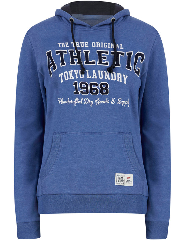 Shanya Flocked Motif Brushback Fleece Pullover Hoodie in Cornflower Blue Marl - Tokyo Laundry