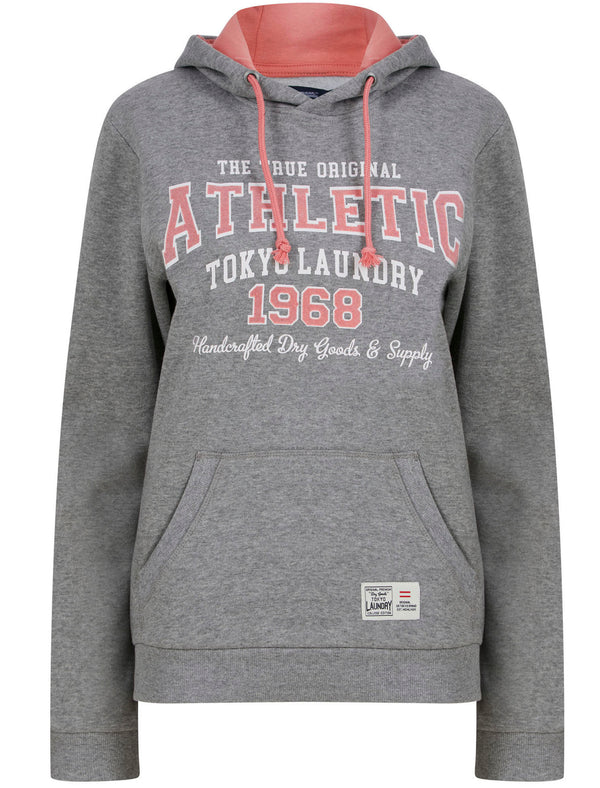 Shanya Flocked Motif Brushback Fleece Pullover Hoodie in Mid Grey Marl - Tokyo Laundry