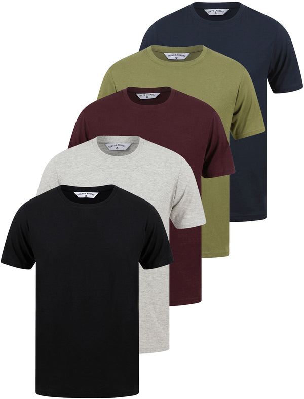 Spectre (5 Pack) Crew Neck Cotton T-Shirts in Black / Light Grey Marl / Winetasting / Lichen Green / Navy - Tokyo Laundry