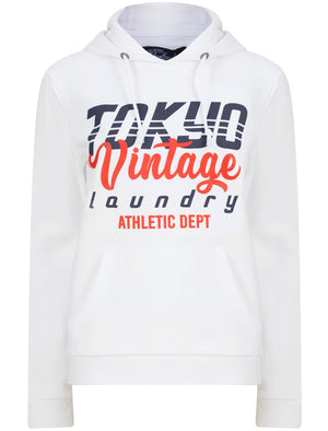 Sporty Motif Brushback Fleece Pullover Hoodie in Optic White - Tokyo Laundry