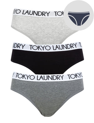 Stacie (3 Pack) Cotton Assorted Briefs in Light Grey Marl / Jet Black / Mid Grey Marl - Tokyo Laundry