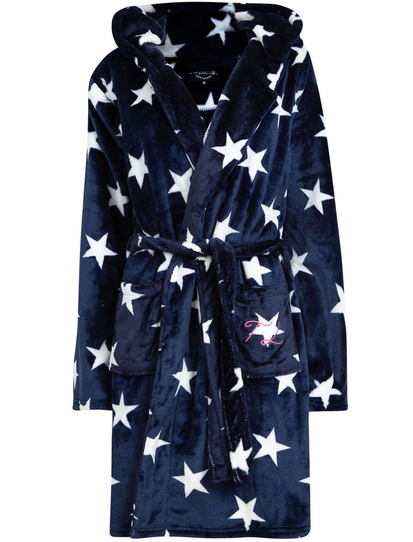 Women's Starry Night Soft Fleece Tie Robe Dressing Gown with Hooded Ears in Navy - Tokyo Laundry