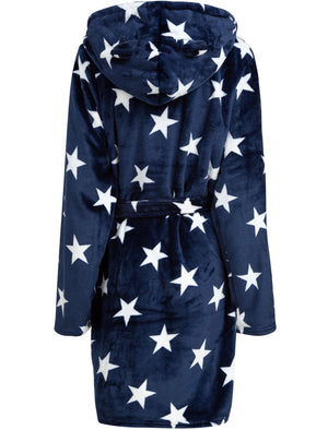 Women's Starry Night Soft Fleece Tie Robe Dressing Gown with Hooded Ears in Navy - Tokyo Laundry