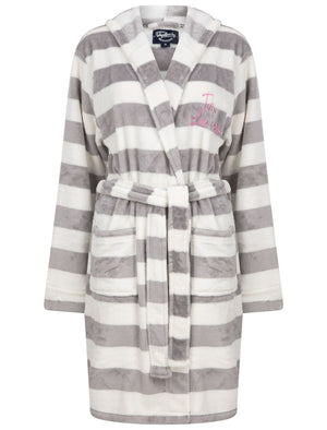 Women's Surry Striped Soft Fleece Tie Robe Dressing Gown with Hood in Grey / White - Tokyo Laundry