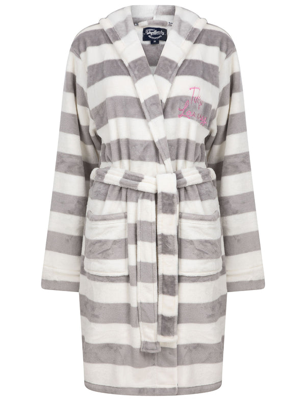 Women's Surry Striped Soft Fleece Tie Robe Dressing Gown with Hood in Grey / White - Tokyo Laundry