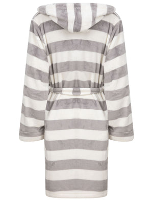 Women's Surry Striped Soft Fleece Tie Robe Dressing Gown with Hood in Grey / White - Tokyo Laundry