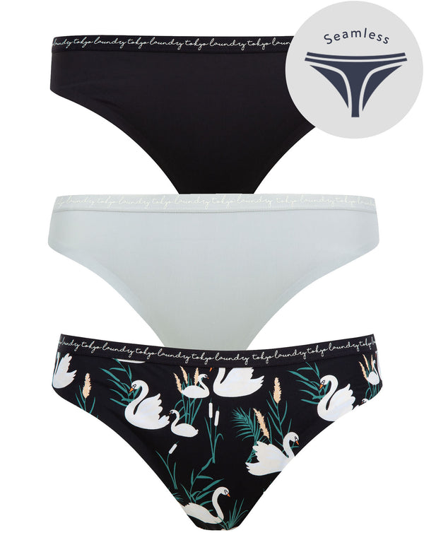 Swan Song (3 Pack) No VPL Seam Free Assorted Thongs in Jet Black / High Rise / Patriot Blue - Tokyo Laundry