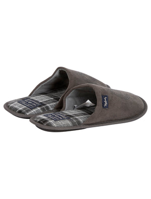Taylored Fleece Lined Mule Slippers with Checked Lining in Grey - Tokyo Laundry