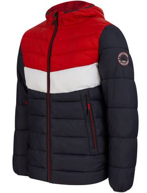 Torsten Colour Block Quilted Puffer Jacket with Hood in Barados Cherry - Tokyo Laundry Active Tech