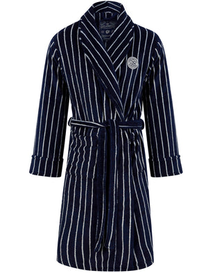 Men's Towncraft Striped Soft Fleece Dressing Gown with Tie Belt in Navy - Tokyo Laundry