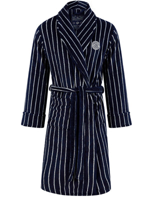 Men's Towncraft Striped Soft Fleece Dressing Gown with Tie Belt in Nav Tokyo Laundry Men's Towncraft Striped Soft Fleece Dressing Gown with Tie Belt in Nav Tokyo Laundry