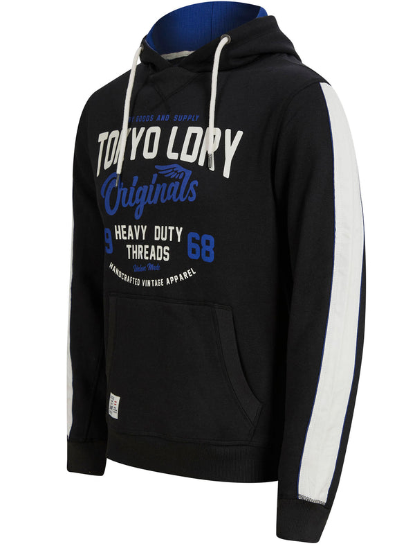 Travel Motif Brushback Fleece Pullover Hoodie with Tape Detail in Jet Black - Tokyo Laundry