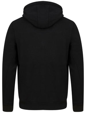 Travel Motif Brushback Fleece Pullover Hoodie with Tape Detail in Jet Black - Tokyo Laundry