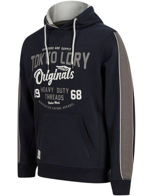 Travel Motif Brushback Fleece Pullover Hoodie with Tape Detail in Sky Captain Navy - Tokyo Laundry