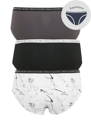 Tulume (3 Pack)  No VPL Seam Free Assorted Briefs in Nine Iron / Jet Black / White Marble Print - Tokyo Laundry