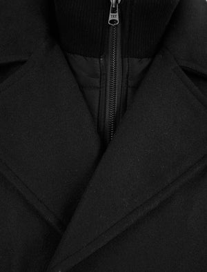 Uxmal Double Breasted Wool Look Pea Coat with Quilted Mock Insert in Black - Tokyo Laundry