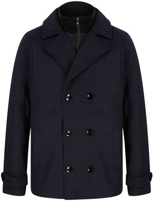 Uxmal Double Breasted Wool Look Pea Coat with Quilted Mock Insert in Navy - Tokyo Laundry