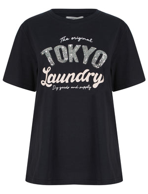 Valentina Sequin Motif Cotton Jersey T-Shirt in Jet Black - Tokyo Laundry