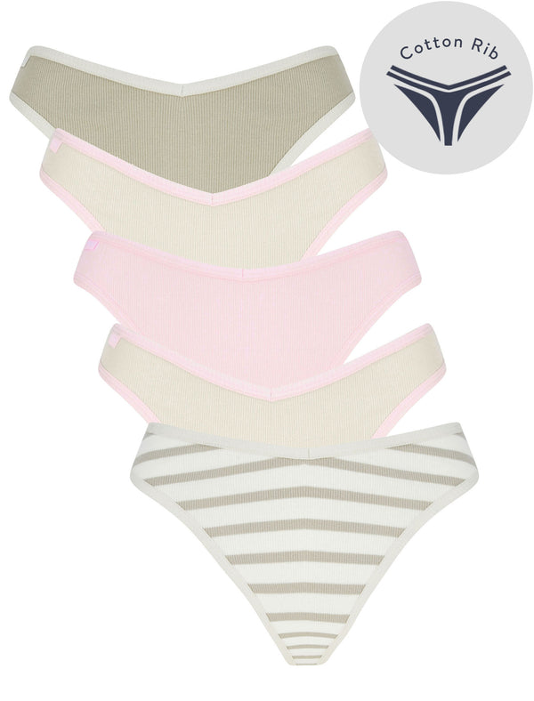 Violet Stripe (5 Pack) Ribbed Cotton Assorted Thongs in Abbey Stone / Silver Birch / Cradle Pink - Tokyo Laundry