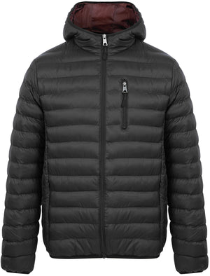 Vizzini Quilted Puffer Jacket with Hood in Jet Black / Burgundy - Tokyo Laundry