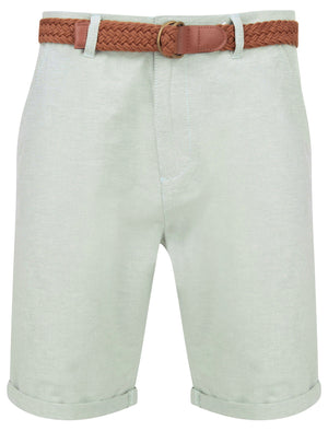 Zavier Cotton Chino Shorts With Woven Belt in Green Oxford - Tokyo Laundry