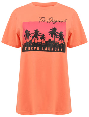 Alaro Sunset Motif Cotton Crew Neck T-Shirt in Fusion Coral - Tokyo Laundry