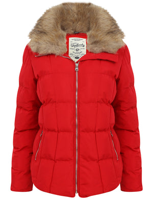 Bertie Funnel Neck Quilted Puffer Jacket With Detachable Fur Trim In Crimson - Tokyo Laundry