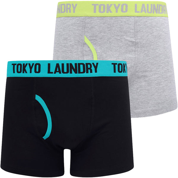 Brompton (2 Pack) Boxer Shorts Set in Algiers Blue / Green Glow - Tokyo Laundry