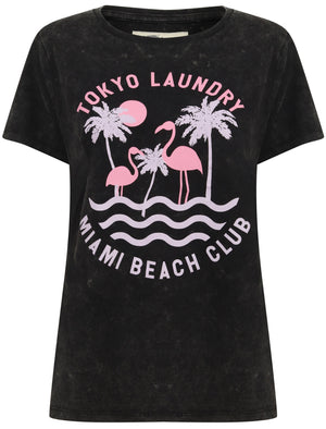 Covetes Flamingo Motif Cotton Tie Dye T-Shirt in Pirate Black - Tokyo Laundry