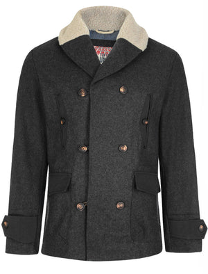 Avonte Wool Rich Double Breasted Coat with Borg Collar in Charcoal Marl - Tokyo Laundry