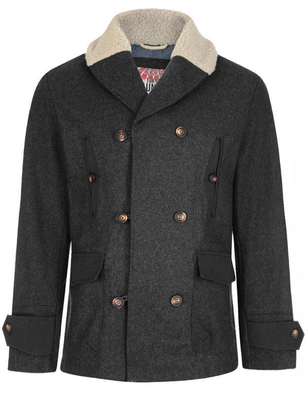 Avonte Wool Rich Double Breasted Coat with Borg Collar in Charcoal Marl - Tokyo Laundry