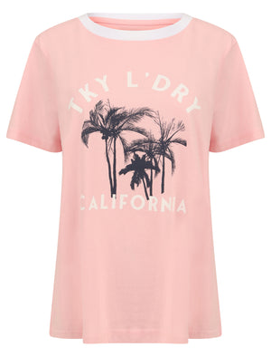 Deia Palm Motif Cotton Jersey Ringer T-Shirt In Rose Shadow - Tokyo Laundry