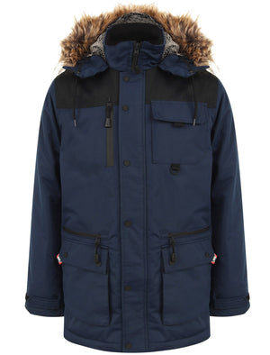 Haakon Colour Block Utility Parka Coat with Faux Fur Lined Hood in Iris Navy - Tokyo Laundry