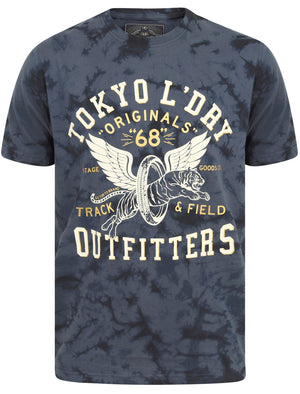 Track & Field Motif Tie Dye Cotton Jersey T-Shirt In Vintage Indigo - Tokyo Laundry