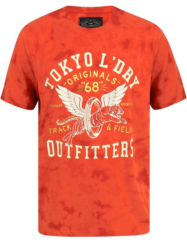 Track & Field Motif Tie Dye Cotton Jersey T-Shirt In Washed Red - Tokyo Laundry