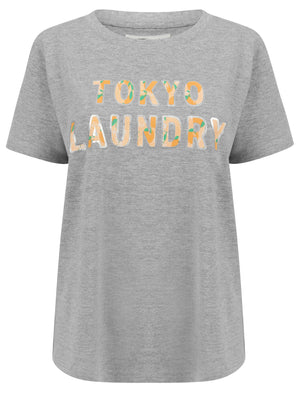 Malian Metallic Foil Floral Print Motif Cotton Jersey T-Shirt in Light Grey Marl - Tokyo Laundry