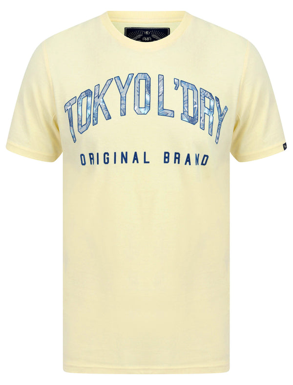 Mokapu Bay Flocked Pattern Motif Cotton Jersey T-Shirt in Flan Yellow - Tokyo Laundry