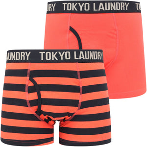 Neville 2 (2 Pack) Striped Boxer Shorts Set in Hot Coral / Sky Captain Navy - Tokyo Laundry