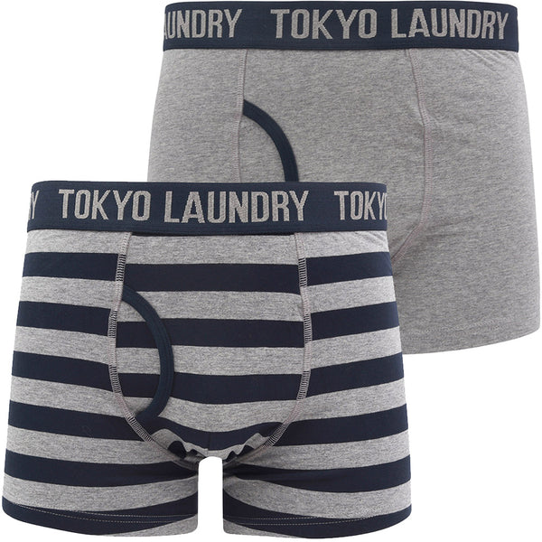 Northiam (2 Pack) Striped Boxer Shorts Set in Mid Grey Marl / Sky Captain Navy - Tokyo Laundry