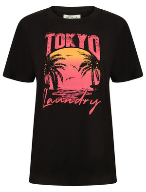 Palma Sunset Motif Cotton Jersey T-Shirt in Jet Black - Tokyo Laundry
