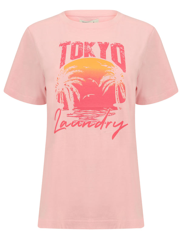 Palma Sunset Motif Cotton Jersey T-Shirt in Rose Shadow - Tokyo Laundry