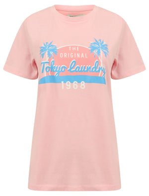 Soller Palm Motif Cotton Jersey T-Shirt in Rose Shadow - Tokyo Laundry