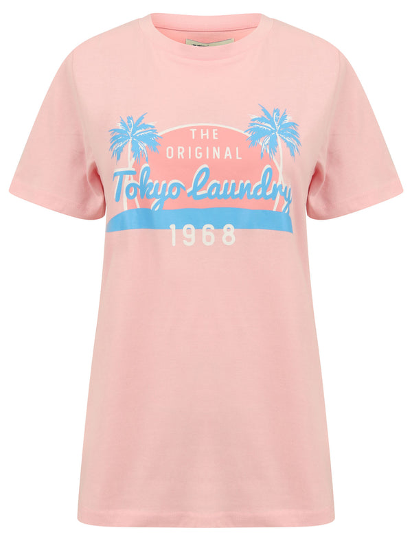 Soller Palm Motif Cotton Jersey T-Shirt in Rose Shadow - Tokyo Laundry