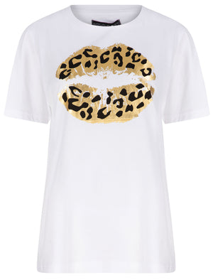Aurelia Gold Foil Leopard Print Lip Motif Cotton T-Shirt in Bright White - Weekend Vibes